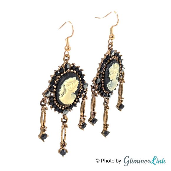 Vintage Style Black Cameo Gothic Chandelier Dangle Earrings Victorian Revival - Picture 2 of 8